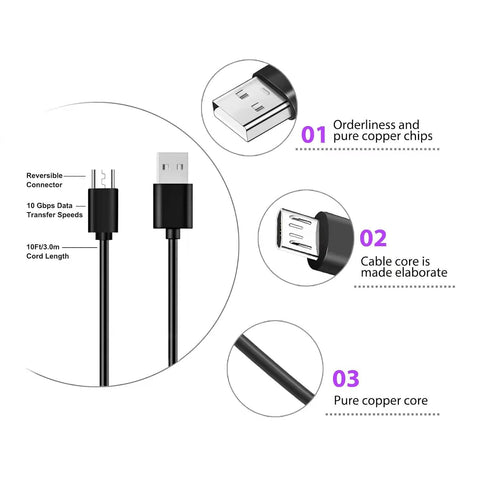 10ft Charger Cord for Fujifilm INSTAX Share SP-2, SP-3, Mini Link 2, Polaroid Zip, HP Sprocket, Kodak Mini/Printomatic.