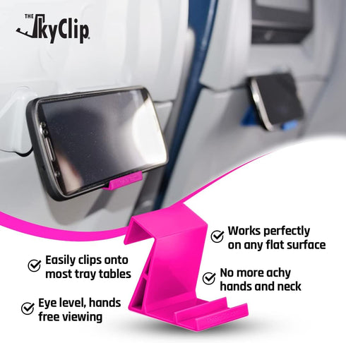 The SkyClip Airplane Cell Phone Back of Seat Inflight Tray Table Clip and Sturdy Phone Stand, Travel Must Have (Pink 2