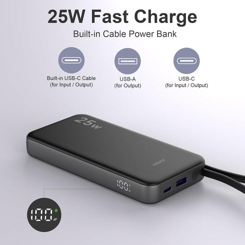 JUOVI 25w 10000mAh Pack 17/16/15 Portable Charger Power Bank with Built-in USB C Cable, Battery Charger Portable LED