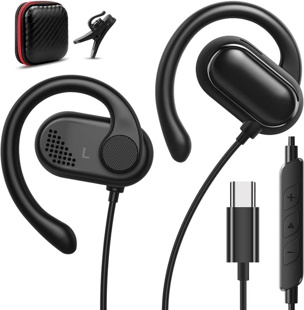 USB C Headphones Over-Ear Buds Hooks Wired Earbuds & Mic for Sports Running, Volume Control, USB Type C Open Ear