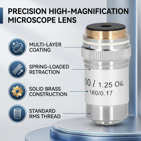 FTVOGUE 100X A100X 1.25 Achromatic Objective Lens, Brass Microscope Objective, High Magnification Numerical Aperture
