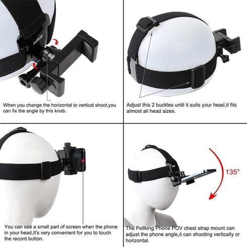 Pellking POV/Vlog Smartphone Head Strap Mount Kit, Compatible with iPhone, Samsung, Hero 1-9, DJI Osmo