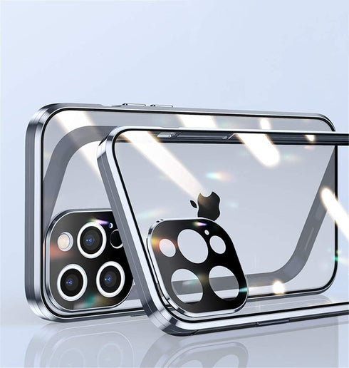 iPhone 12 Pro Max Case with Camera Lens Protector, Metal Bumper, 360 Full Body Protection, Silver, Double-Sided