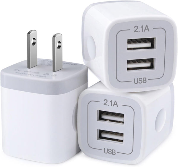 Charger Block, USB Wall Charger, Double USB Fast Charging Cube Block, 2.1A Power Adapter, 3Pack for iPhone and Samsung