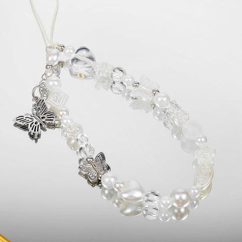 Qulkws Y2K Beaded Camera Wrist Strap Butterfly Cellphone Lanyard Strap Phone Charms Cute Pearl Digital Camera Charm