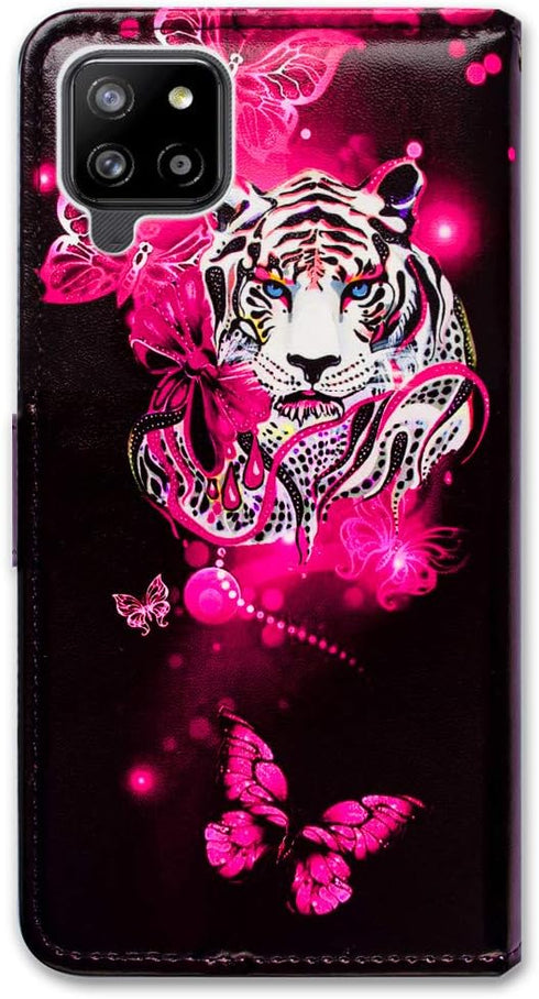 Galaxy A42 5G Case, White Tiger Butterfly Leather Flip Wallet Cover with Card Slot Holder Kickstand for Samsung A42