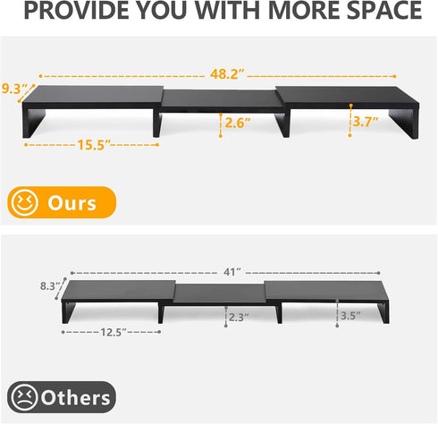 TAVR Dual Monitor Stand Riser for 2 Monitors, Adjustable Length and Angle, 3 Shelf, Black