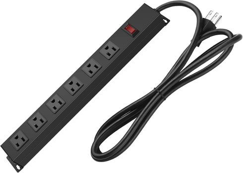 Metal Wall Mount Power Strip, 6 AC Outlets, Aluminum Alloy Socket with Switch, 3 FT Power Cord, Black