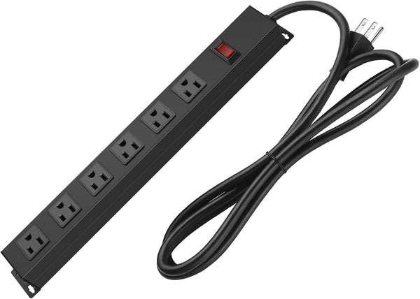 Metal Wall Mount Power Strip, 6 AC Outlets, Aluminum Alloy Socket with Switch, 3 FT Power Cord, Black