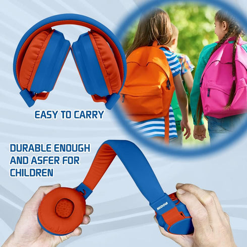 Kids Bluetooth Headphones - Wireless Over Ear, Volume Limited 85/110dB, Foldable, AUX 3.5mm Mic, Blue for Travel &