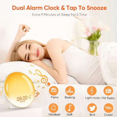 YOVDA 7 Dimmer, Sunrise Alarm Clock Radio for Bedrooms with Color Night Light, Dual Alarm, White Noise Sound Machine