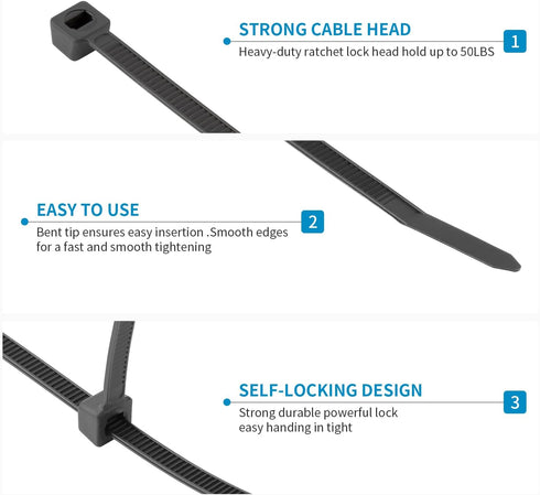 XINGO Black Cable Zip Ties, 1500 Pack Assorted Sizes 4+6+8+10+12 Inch, UV Resistant Nylon