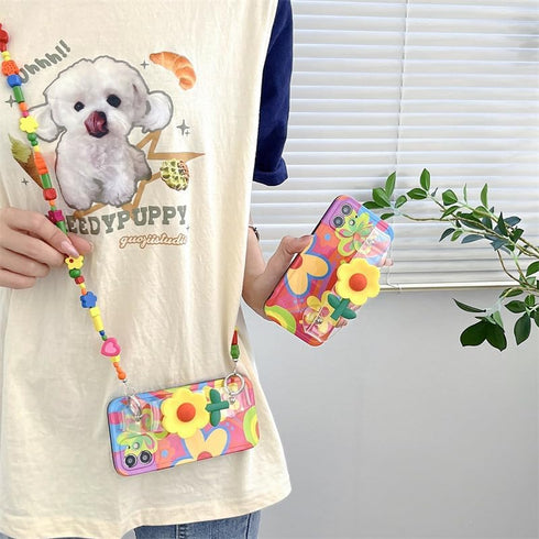 Lanyard Case Compatible with iPhone 13 Pro Max Case,Crossbody case with Strap and Wrist Band Kickstand, Unique Cute Kawaii Colorful Painting Flowers Design for Girls and Women