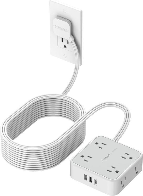 TESSAN Flat Plug Long Extension Cord, 25 Ft, Power Strip with 8 Outlets and 3 USB Ports