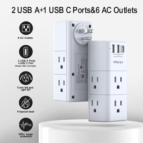 USB Multi Plug Outlet Extender, YISHU Surge Protector with Rotating Plug, 6 AC Plug Extender with 3 USB