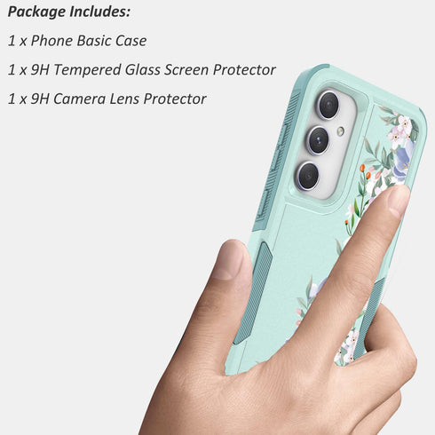 Samsung Galaxy S23 FE 5G Case: Slim TPU Bumper with Cute Floral Design + Screen & Camera Lens Protectors (Mint