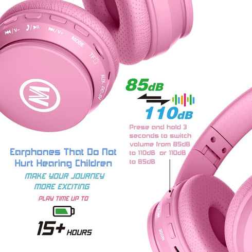 Shop Pink Bluetooth/Wired Headphones for Kids - Over Ear, Volume Limited 85/110dB, Foldable, AUX Mic for School &