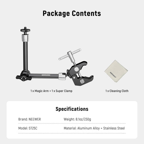 9.8"/25cm 1/4" 3/8" 4.4lb/2kg, ST25C NEEWER Magic Arm with Super Clamp & Cleaning Cloth, & Threads for Flash/LED