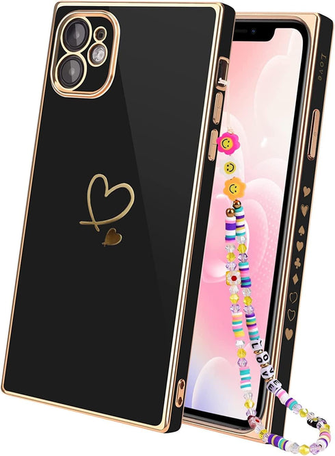 Luxury Square Case Compatible with iPhone 11, Cute Plating Gold Love Heart Pattern iPhone 11 Cover for Women & Girls Soft TPU Full Camera Lens Protection iPhone 11 Case + Chain - Black