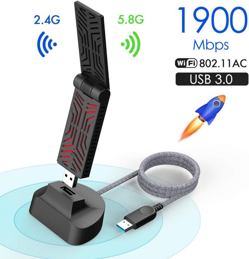 WAVLINK USB WiFi Adapter for Desktop PC, AC1900 Dual Band Wireless Network Adapter for Laptop, Support Windows and MacOS