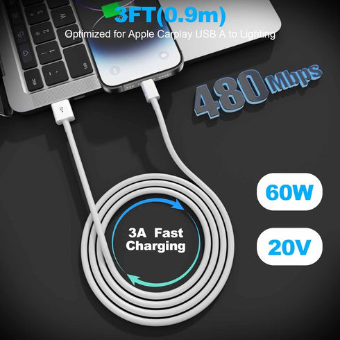 Apple Carplay Cable, USB A to Lightning Charger Cord Compatible with iPhone 14 13 12 11 Pro Max XR XS X, Car Charging