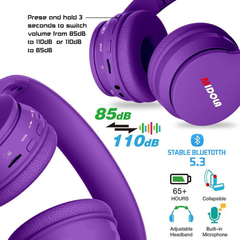Kids Bluetooth Headphones 5.3 Wireless, 60H Play Time, Volume Limit 85/110dB, Over Ear, Foldable, Purple
