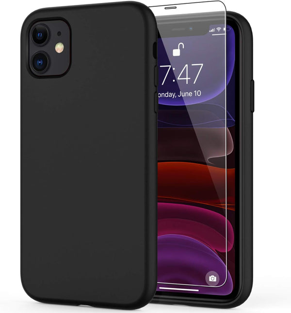 DEENAKIN iPhone 11 Case with Screen Protector, Black Silicone Gel Rubber Bumper Cover, Slim Fit Shockproof Protective