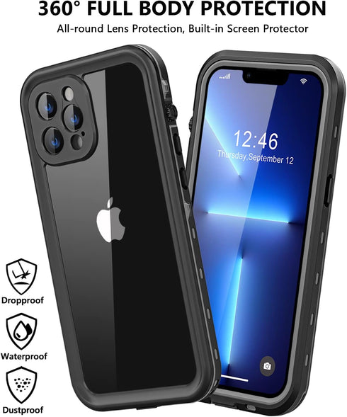Waterproof Case for iPhone 13 Pro with Built-in Screen Protector, Shockproof Dustproof Full Body IP68 (Black/Clear)