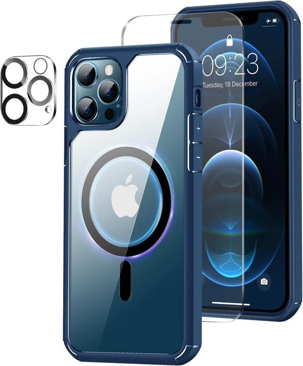 Amizee iPhone 12 Pro Max Magnetic Case with Screen & Camera Protectors, Clear Shockproof, MagSafe Compatible (Blue)