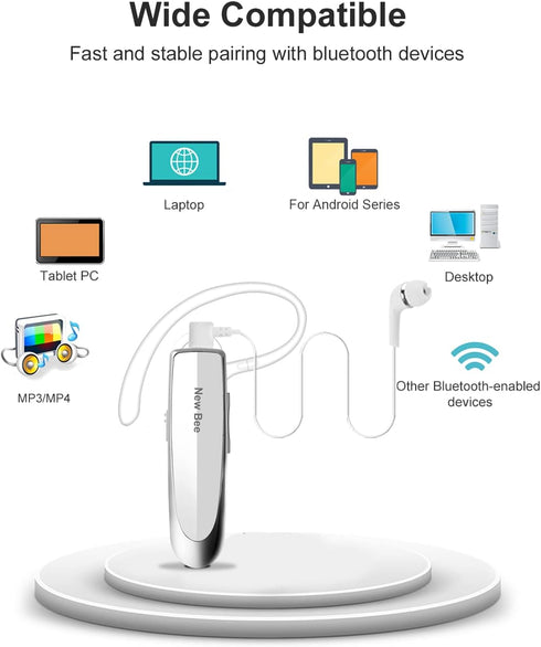 New bee V5.0 Bluetooth Earpiece, Wireless Handsfree Headset, 24 Hrs Driving, Noise Cancelling Mic, White