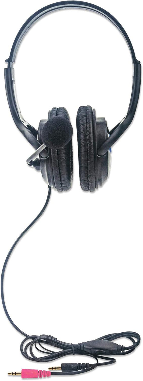 Manhattan Lightweight Over-Ear Stereo Headset, 6 ft. Cable, Two 3.5 mm Plugs, Adjustable Microphone