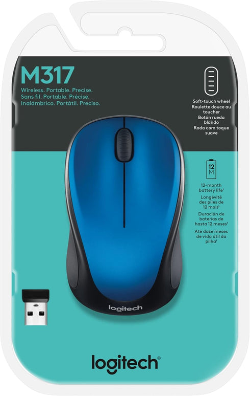 Logitech M317 Wireless Mouse, 2.4 GHz, USB Receiver, 1000 DPI Optical Tracking, 12 Month Battery, Blue, Compatible with