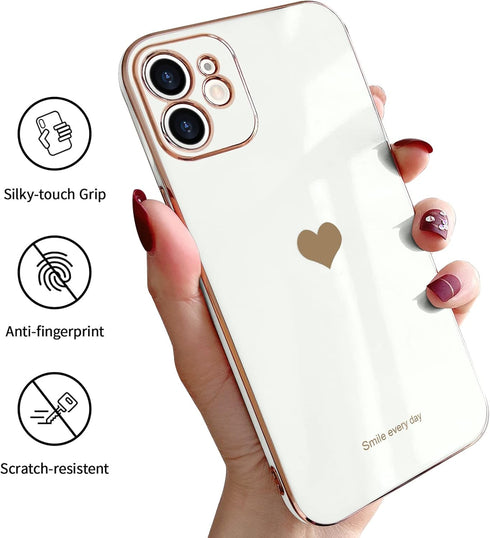 Teageo Cute Love-Heart Case for iPhone 12, White, Luxury Bling Soft Back Cover with Raised Full Camera Protection