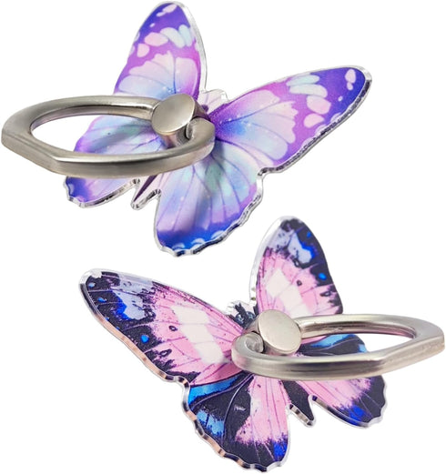 2 Pcs Butterfly Cell Phone Ring Stand Holder, Cute 360° Rotating Metal Finger Stand Holder (Purple, Blue)