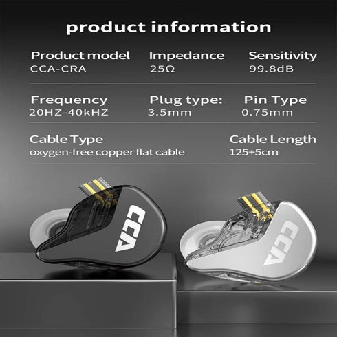 CCA CRA Ultra-Thin Diaphragm IEM Earphones - Dynamic Driver Bass Earbuds, 2Pin Cord, Compatible with iPhone, Android,