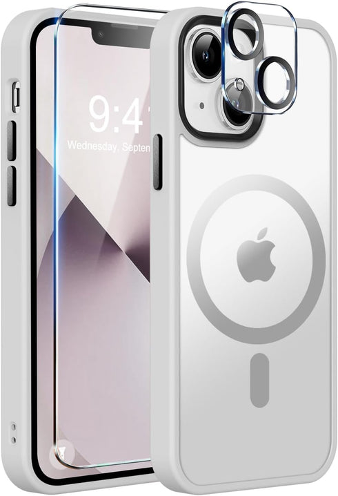 MOCCA iPhone 13 Case - Slim Shockproof, Translucent Matte Back, Frosted White, with MagSafe, Screen & Camera Protectors.