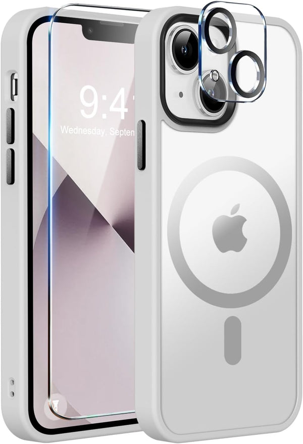 MOCCA iPhone 13 Case - Slim Shockproof, Translucent Matte Back, Frosted White, with MagSafe, Screen & Camera Protectors.