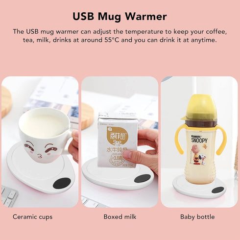 Adjustable Electric Beverage Heater for Ceramic Coffee Cups - USB Mug Warmer (White)
