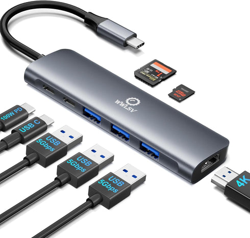 WWLSV USB C Hub Multiport Adapter for MacBook/Dell/HP/Lenovo, 8 in 1 Laptop Docking