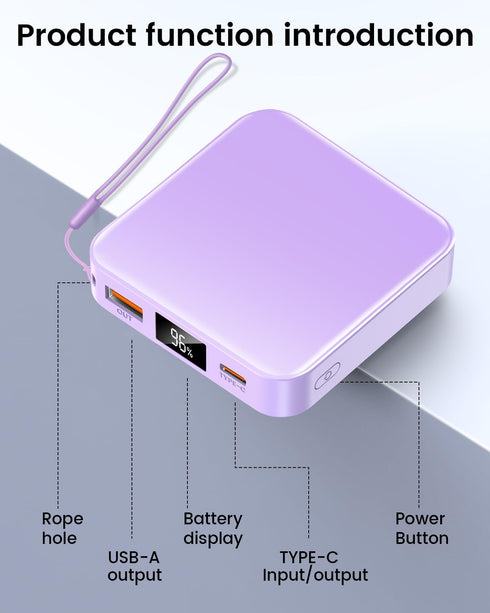 10000mAh Mini Power Bank - Portable Charger with USB C Input/Output, Smart LED Display, 30W Fast Charging for iPhone,
