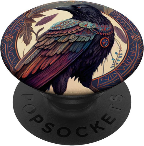 Crow With Runes Nordic Mythology Feathers Boho PopSockets Standard PopGrip