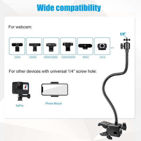 Khazylorr C922 C930e C920S C920 C615 C960 C920x 4K N60 Webcam Stand, Webcam Mount Gooseneck Arm with Phone Holder Web