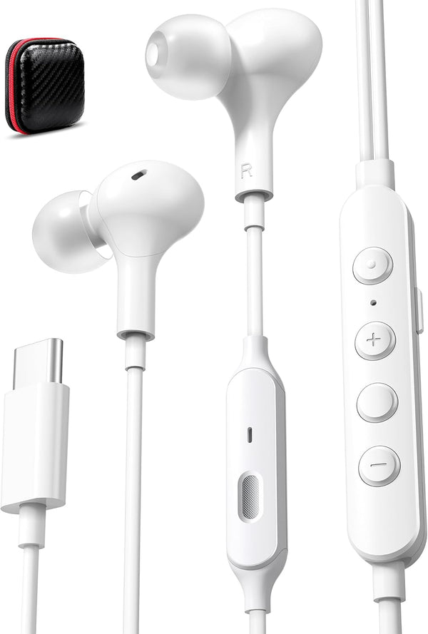 USB C Headphones Wired Earbuds with Microphone, HiFi Stereo Deep Bass Noise Cancelling for Live Singing