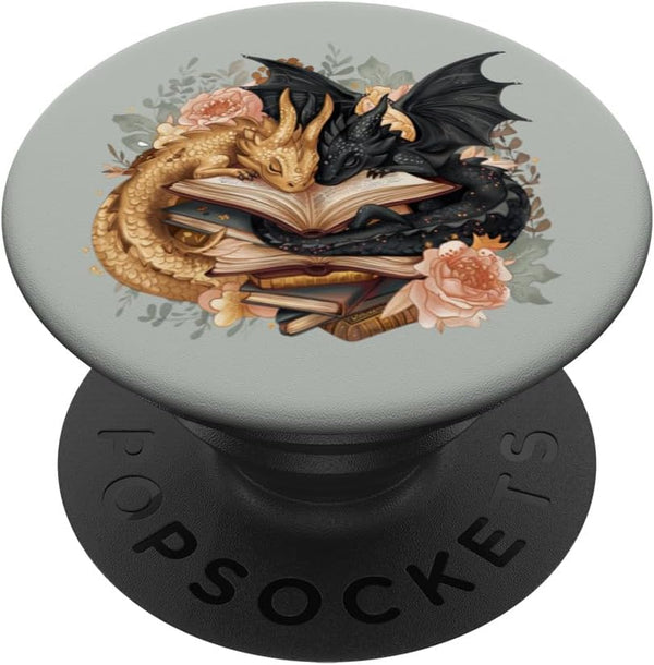 Cute Dragon Books Cottagecore Flower Bookworm PopSockets Standard PopGrip Design