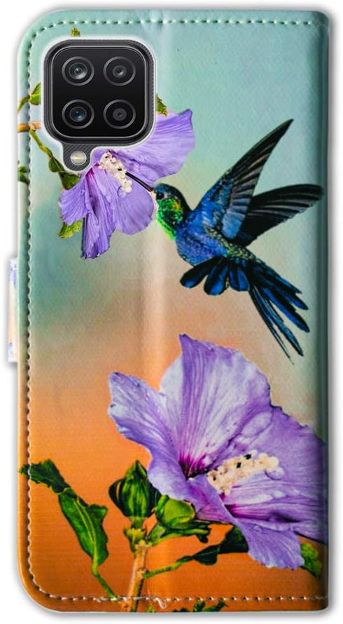 Hummingbird Purple Flower Leather Flip Case for Galaxy A12, Wallet Cover with Card Slot Holder and Kickstand
