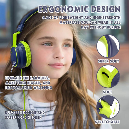 Kids Headphones, Volume Limited 85/96dB Wired Over-Ear/On-Ear Foldable Headset with Mic for School, PC, Tablet (Deep