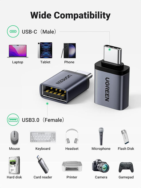 UGREEN USB to USB C Adapter 10Gbps, 2 Pack USB C to USB Adapter Compatible with iPhone 15 Pro/Samsung/MacBook Pro