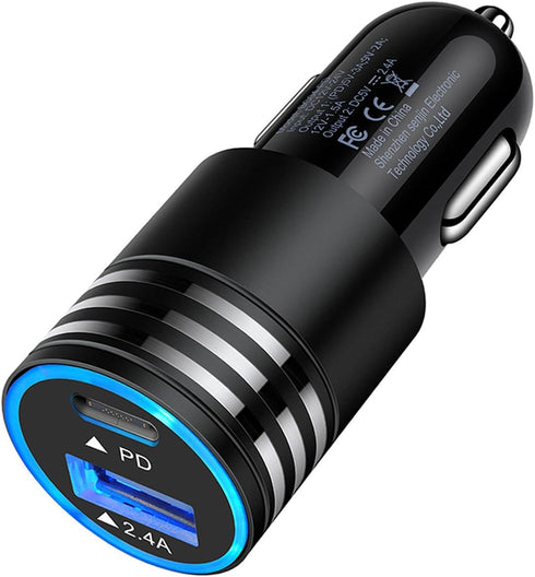 30W USB C Car Charger, PD 3.0 & 2.4A Dual Port Fast Charging Adapter for iPhone 15 Pro Max 15 Plus 14 13 12