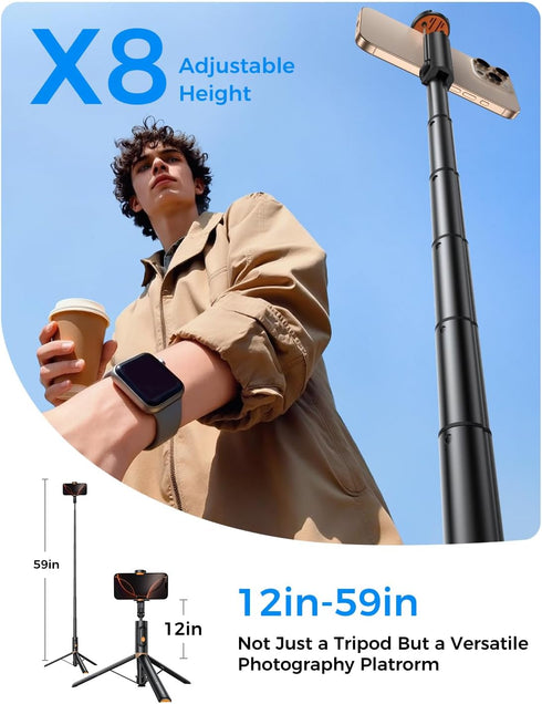 MAGIC JOHN 59" Automatic Pop-up Phone Tripod, Extendable Selfie Stick for iPhone, Selfie Stick Tripod with Detachable