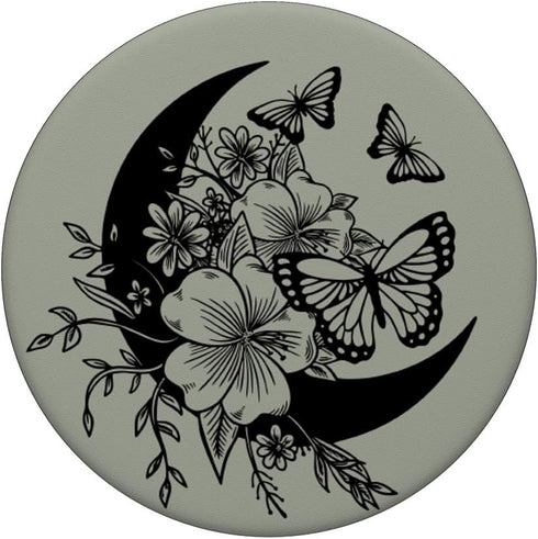 Sage Grey Black Butterfly Crescent Moon Flower PopSockets Swappable PopGrip